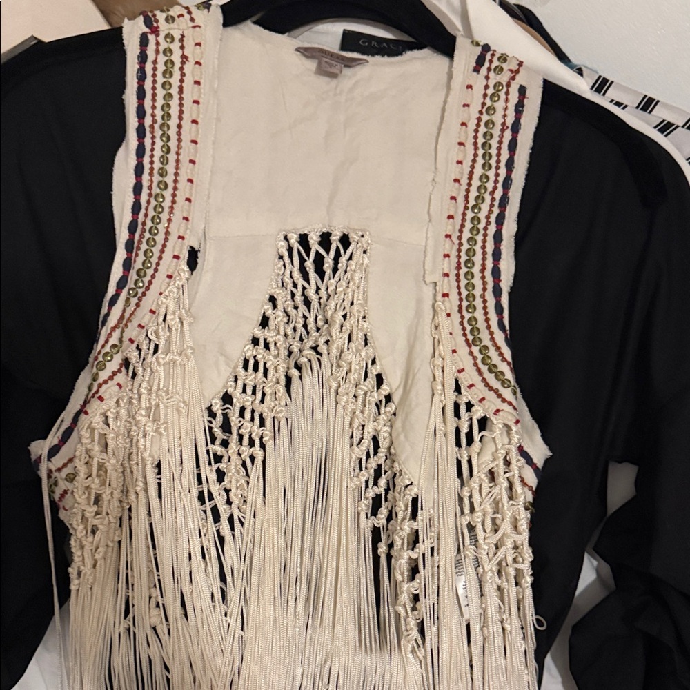 Guess Cream Fringe Top with Multicolor Accents